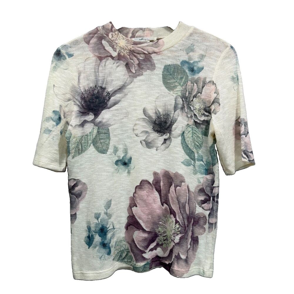 GAZE USA Women's Size L  Floral Print Fitted Stretchy Lightweight  Crew Neck Top